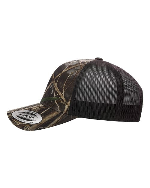 Yupoong 6606 snapback trucker hat in Realtree Max7/ Brown, angled side view.