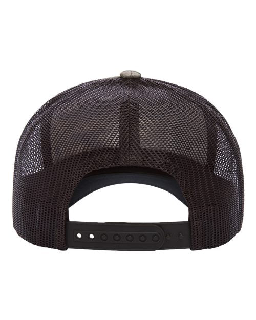 Yupoong 6606 snapback trucker hat in Realtree Max7/ Brown, back view.