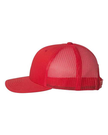 Yupoong 6606 snapback trucker hat in Red, angled side view.