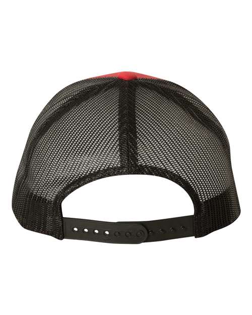 Yupoong 6606 snapback trucker hat in Red/ Black, back view.
