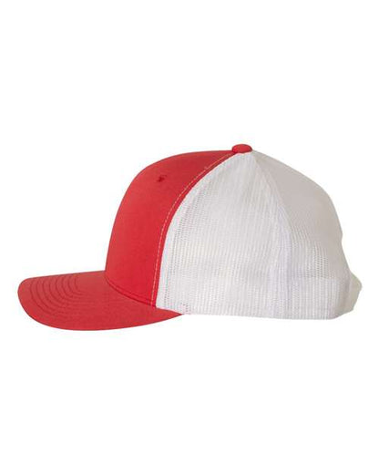 Yupoong 6606 snapback trucker hat in Red/ White, angled side view.