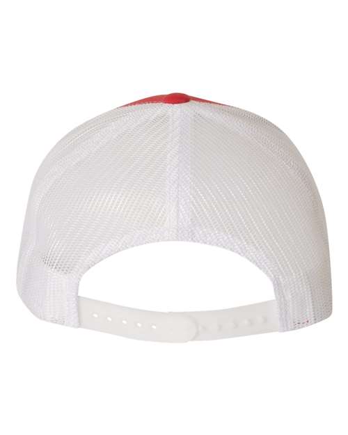 Yupoong 6606 snapback trucker hat in Red/ White, back view.