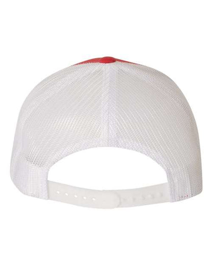 Yupoong 6606 snapback trucker hat in Red/ White, back view.