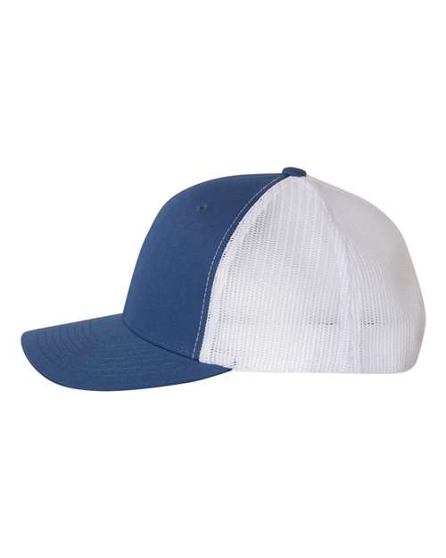 Yupoong 6606 snapback trucker hat in Royal/ White, angled side view.