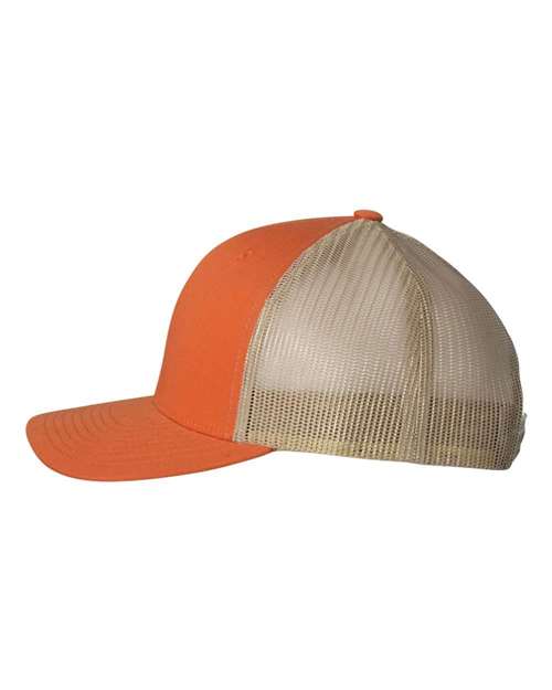 Yupoong 6606 snapback trucker hat in Rustic Orange/ Khaki, angled side view.
