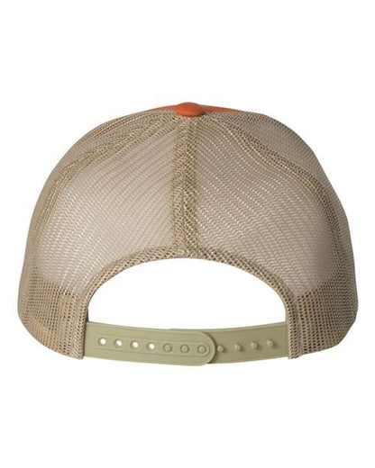 Yupoong 6606 snapback trucker hat in Rustic Orange/ Khaki, back view.
