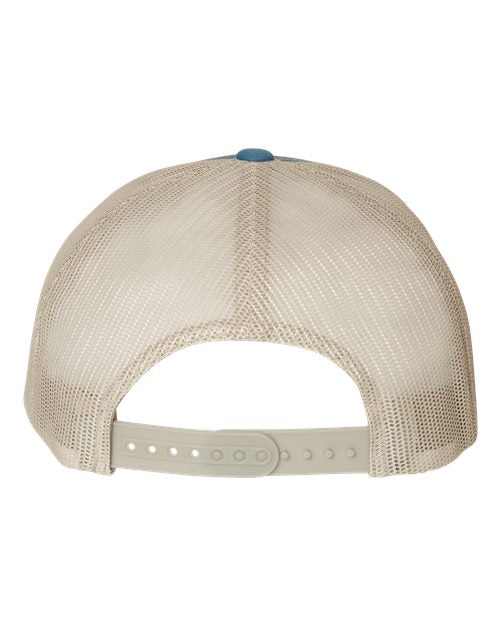 Yupoong 6606 snapback trucker hat in Steel Blue/ Silver, back view.