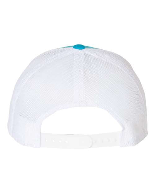 Yupoong 6606 snapback trucker hat in Turquoise/ White, back view.