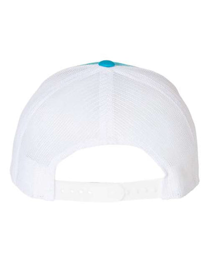 Yupoong 6606 snapback trucker hat in Turquoise/ White, back view.